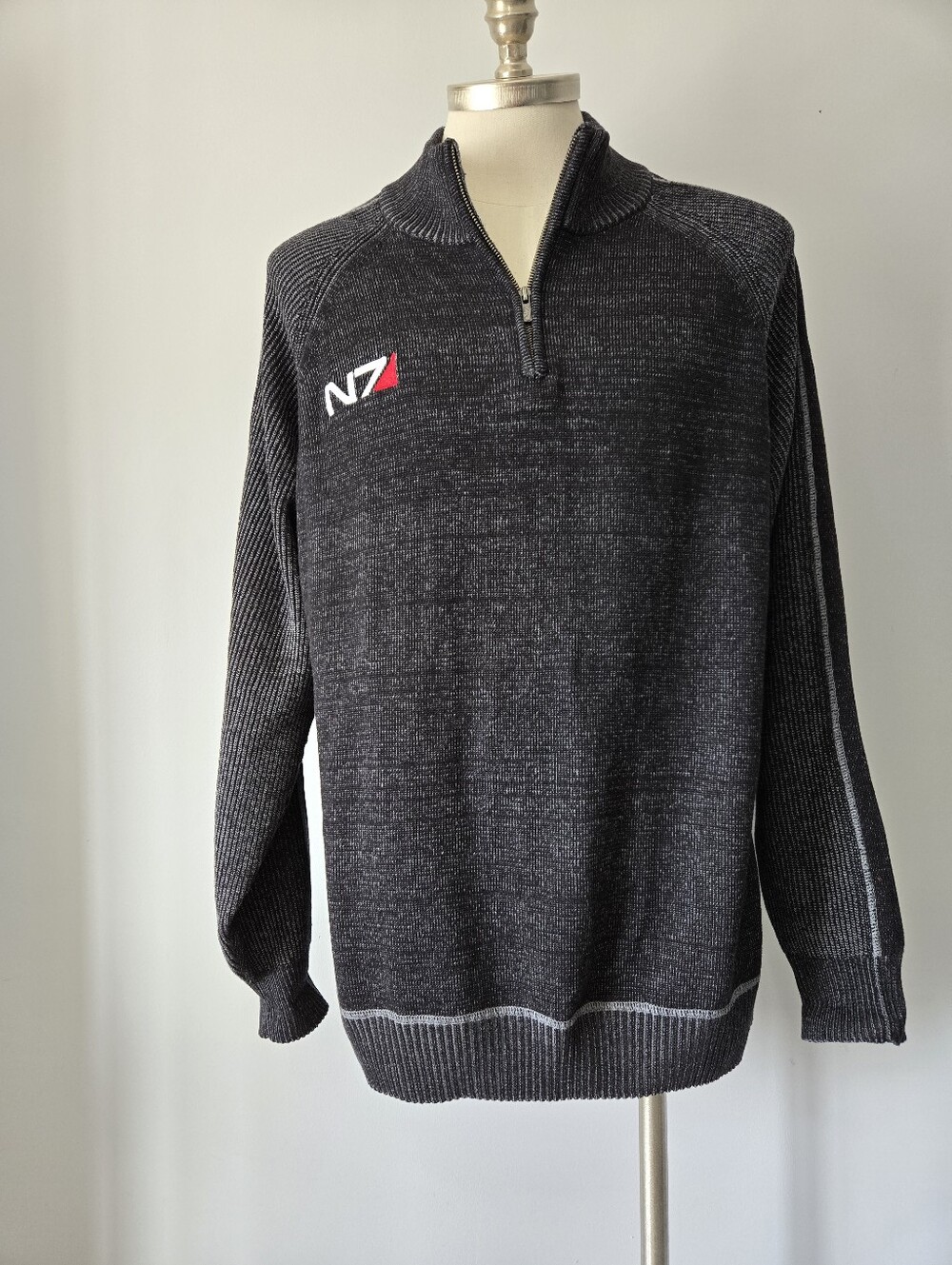 Bioware Mass Effect N7 Embroidered Quarter-Zip cotton Sweater - Charcoal. 2XL